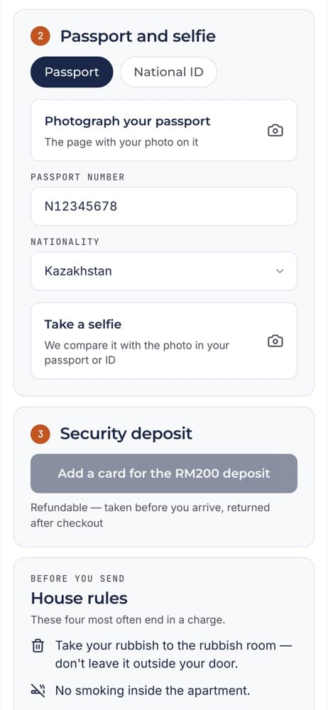 Guest pre-check-in screen: Passport and selfie