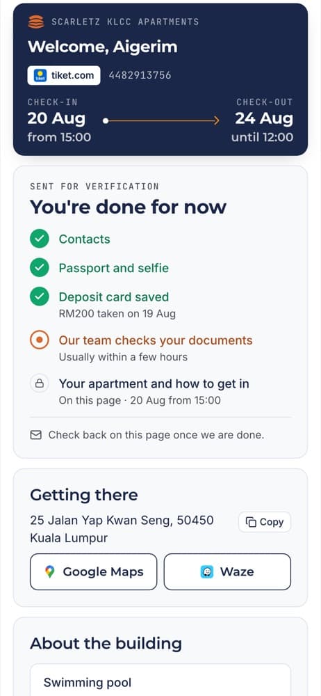 Guest pre-check-in screen: Checked by our team